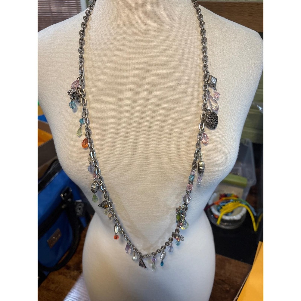 Vintage Style Silver Tone Long Chain Pastel Multi Bead Dangle Statement Necklace